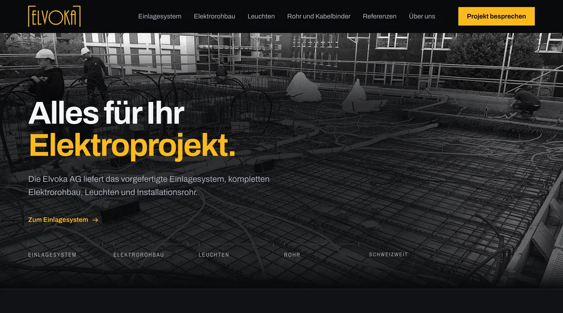 Aufnahme der bestehenden Elvoka-Website mit dem Titel Alles für Ihr Elektroprojekt.